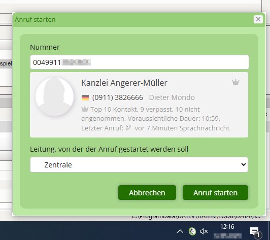 Anruf starten mit einem DATEV Adressaten